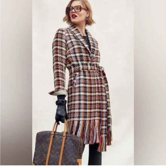 CAbi Regency Coat Plaid Fringe Hem Long Coat Size XS Wool Blend Tweed - Picture 13 of 15